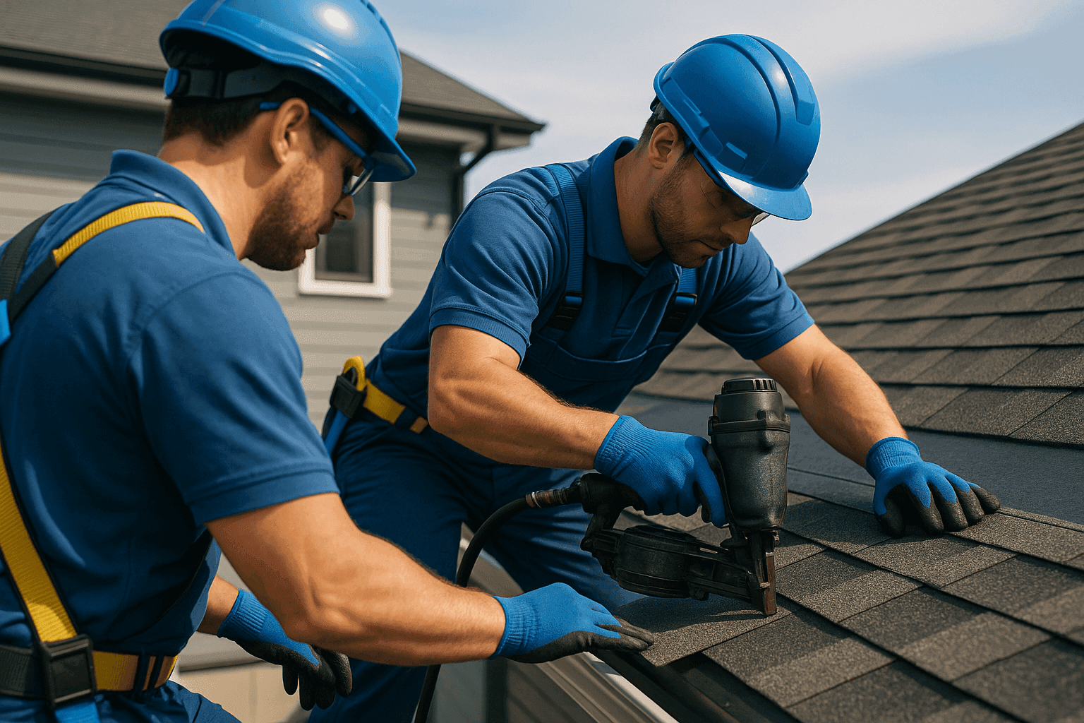 Two OSHA-compliant roofing workers installing roofing materials on a clean residential or commercial roof. in Hummels Wharf