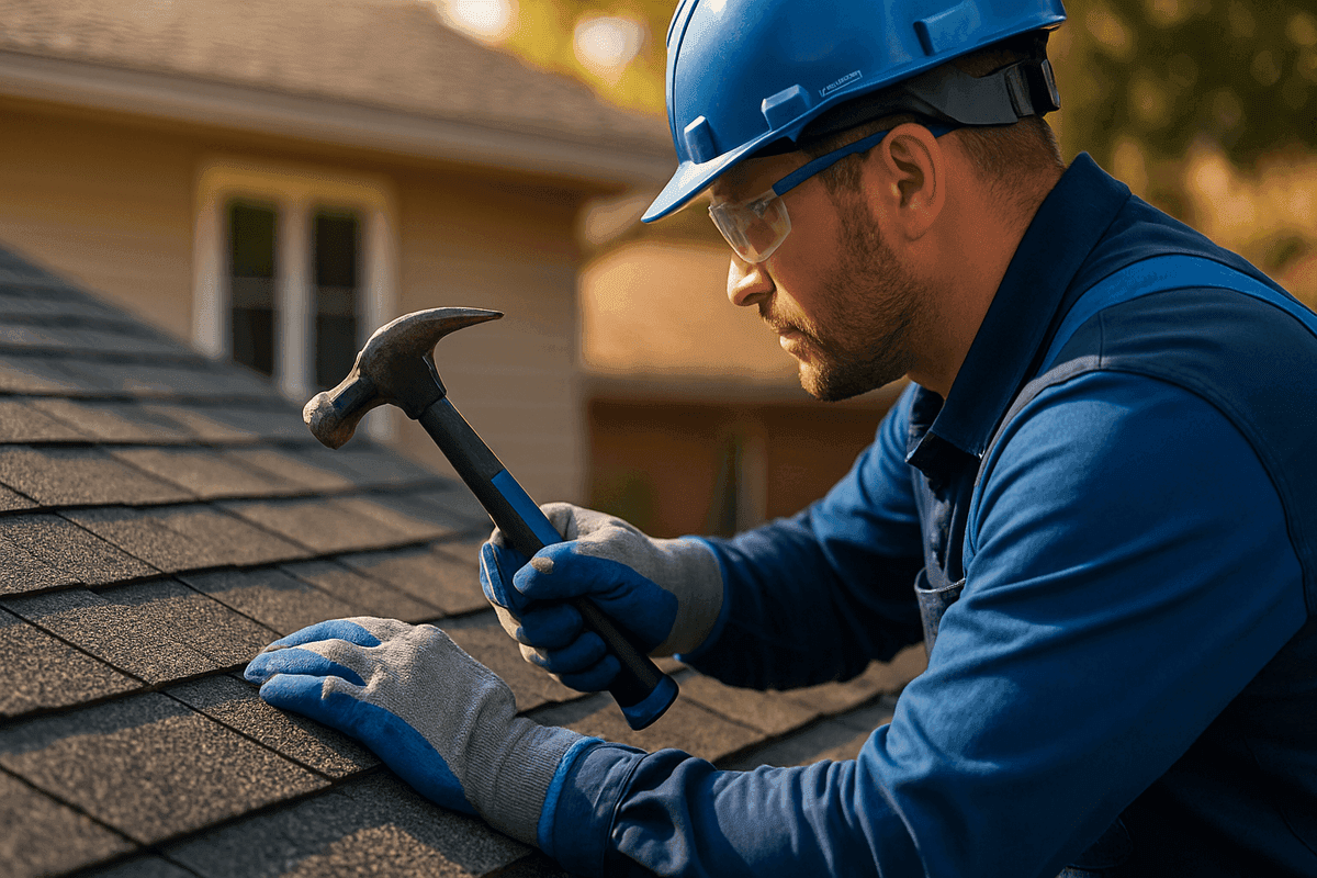 Gloved hands of a roofer fastening shingles on a well-maintained residential roof with safety gear. in Hummels Wharf