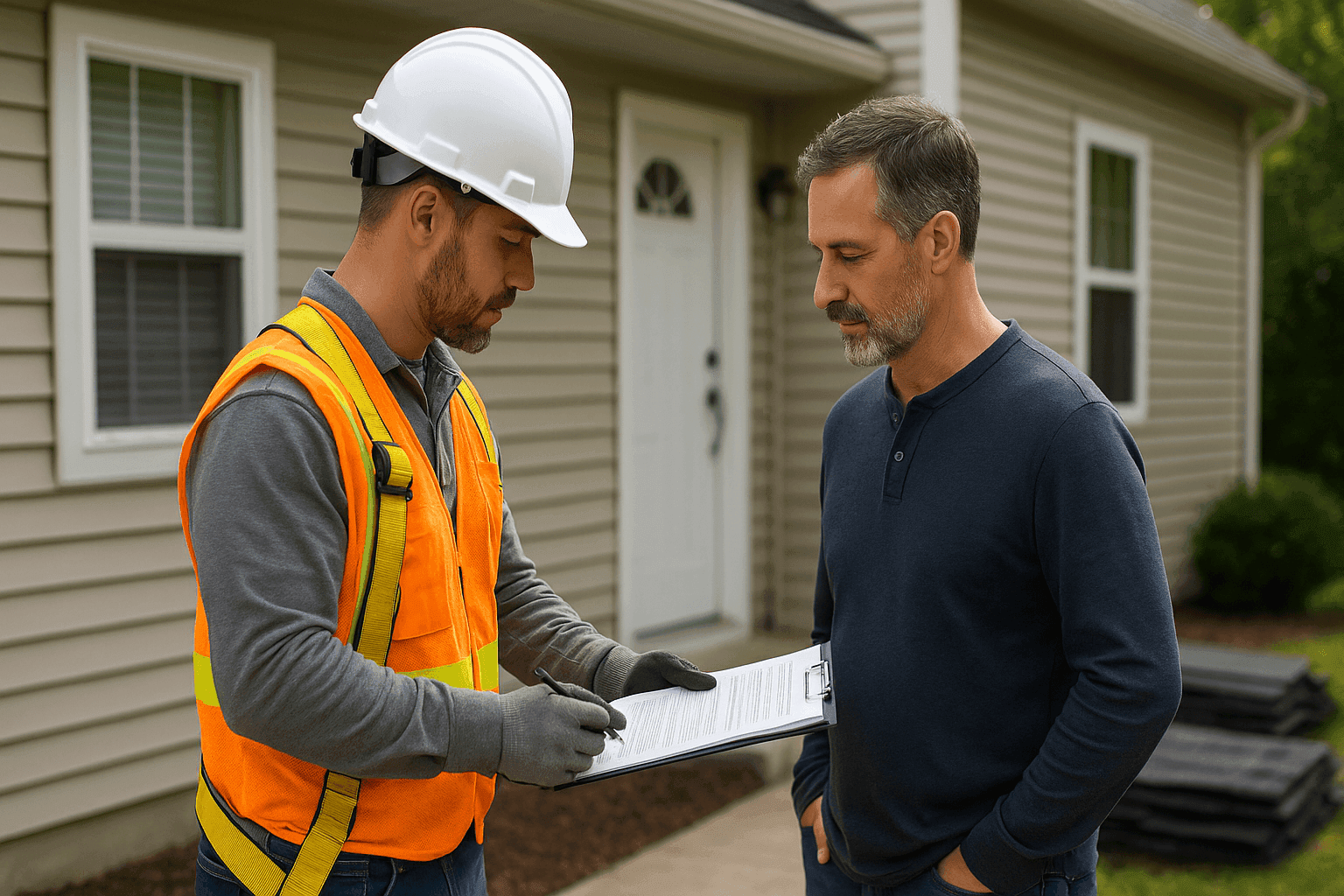 Homeowner discussing roofing project with a professional contractor on site