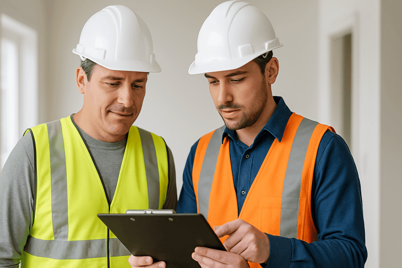 Homeowner reviewing roofing contractor credentials with clipboard