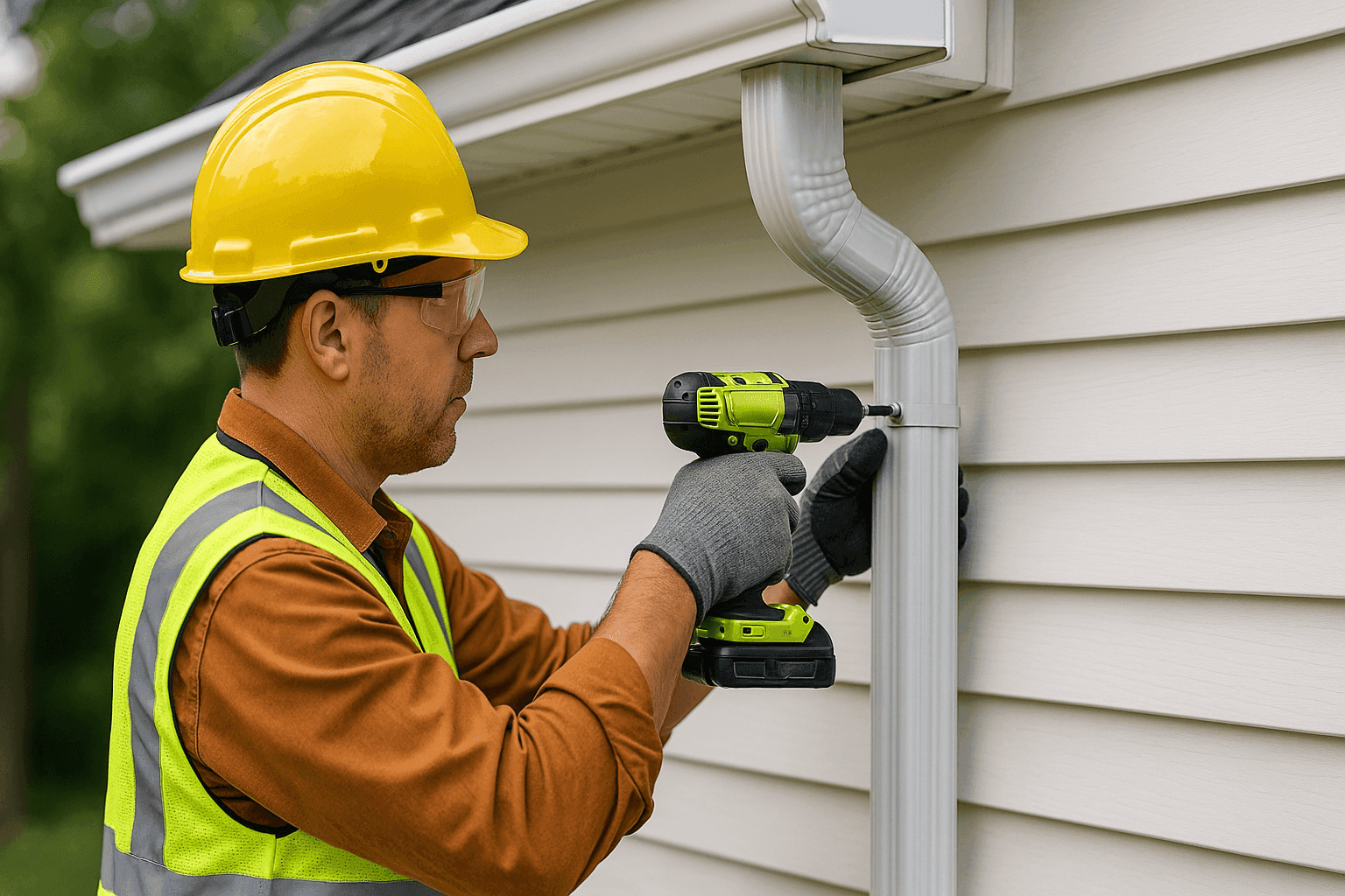 Técnico asegurando un bajante al costado de una casa