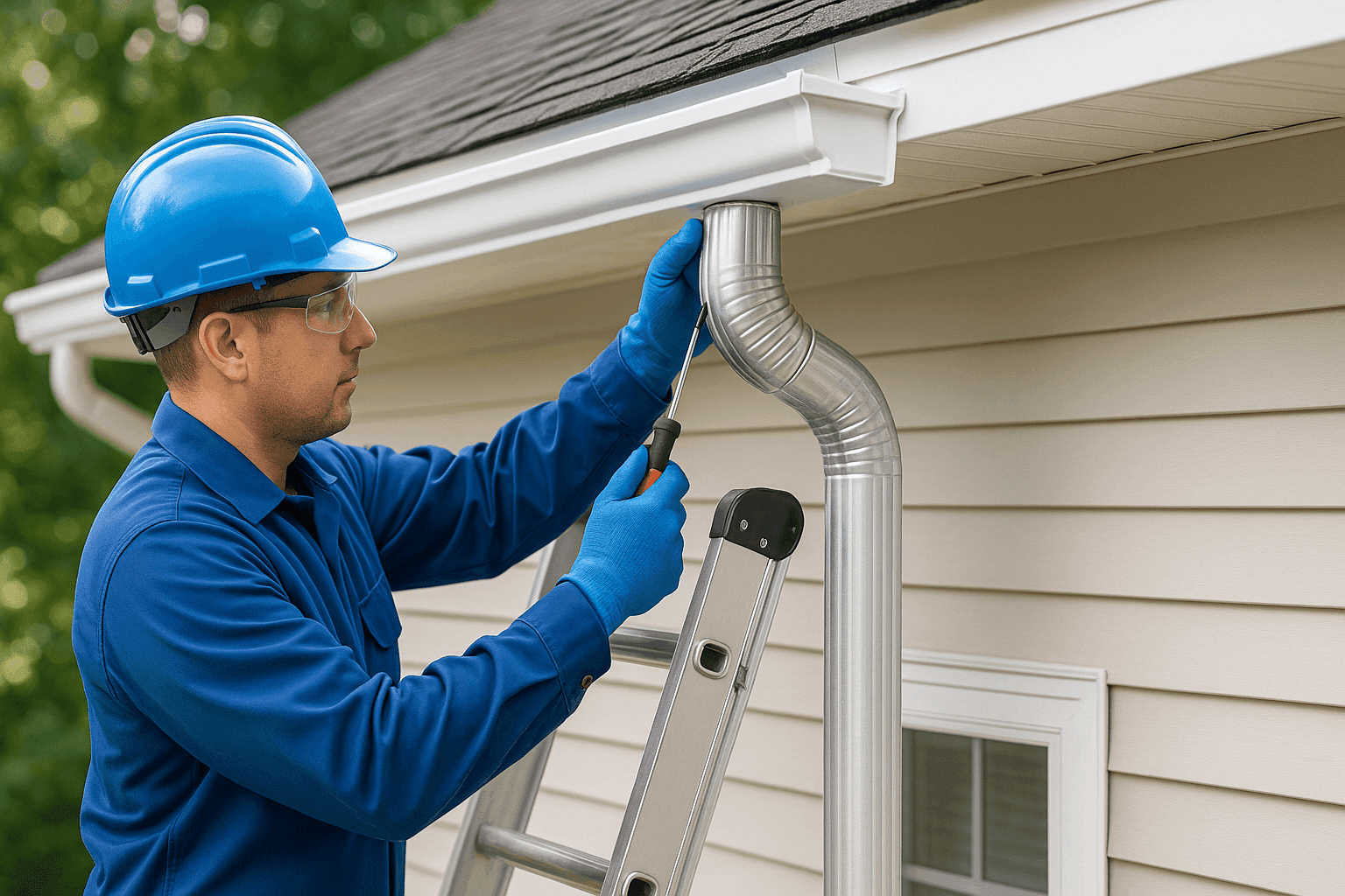 Technician installing new downspout to residential gutter
