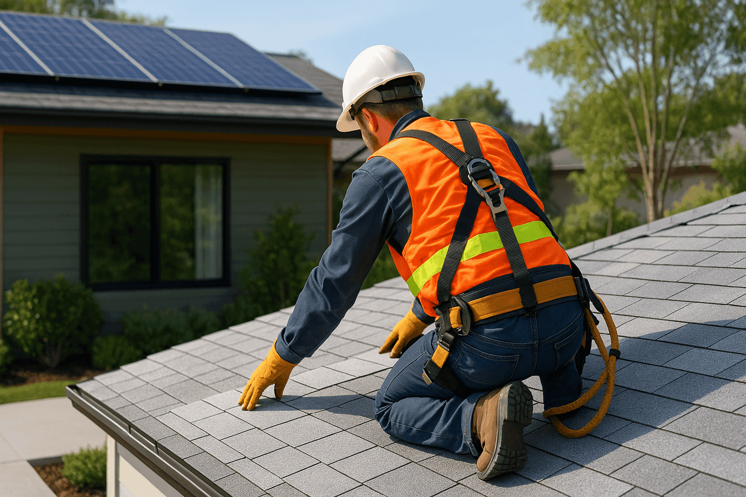 Technician installing cool roof shingles on eco-friendly home