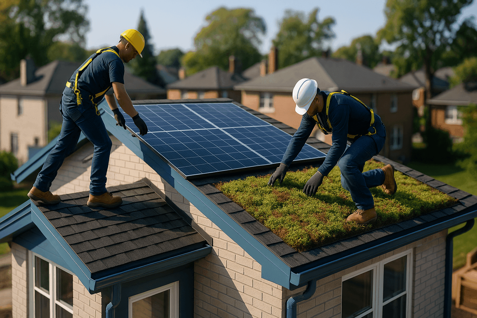 Modern eco-friendly roof with solar panels and greenery