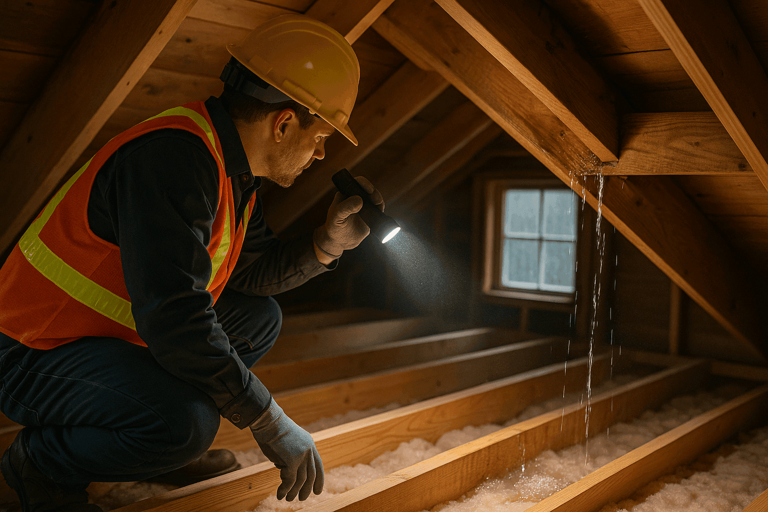 Technician inspecting roof leak inside attic during storm