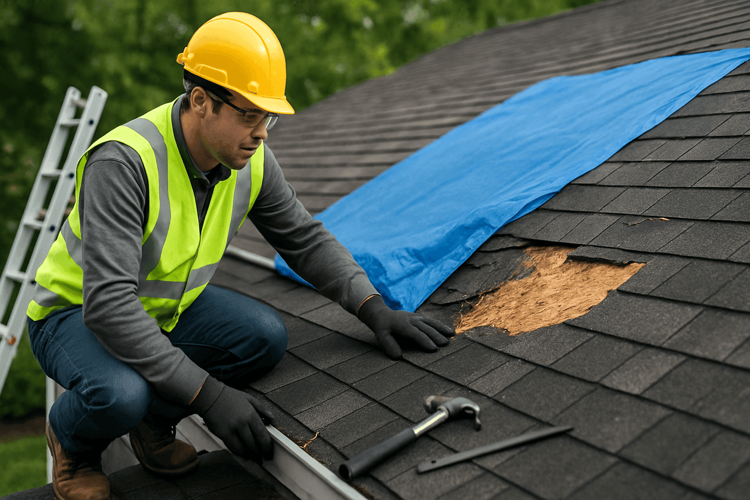 Technician assessing storm-damaged residential roof with safety gear