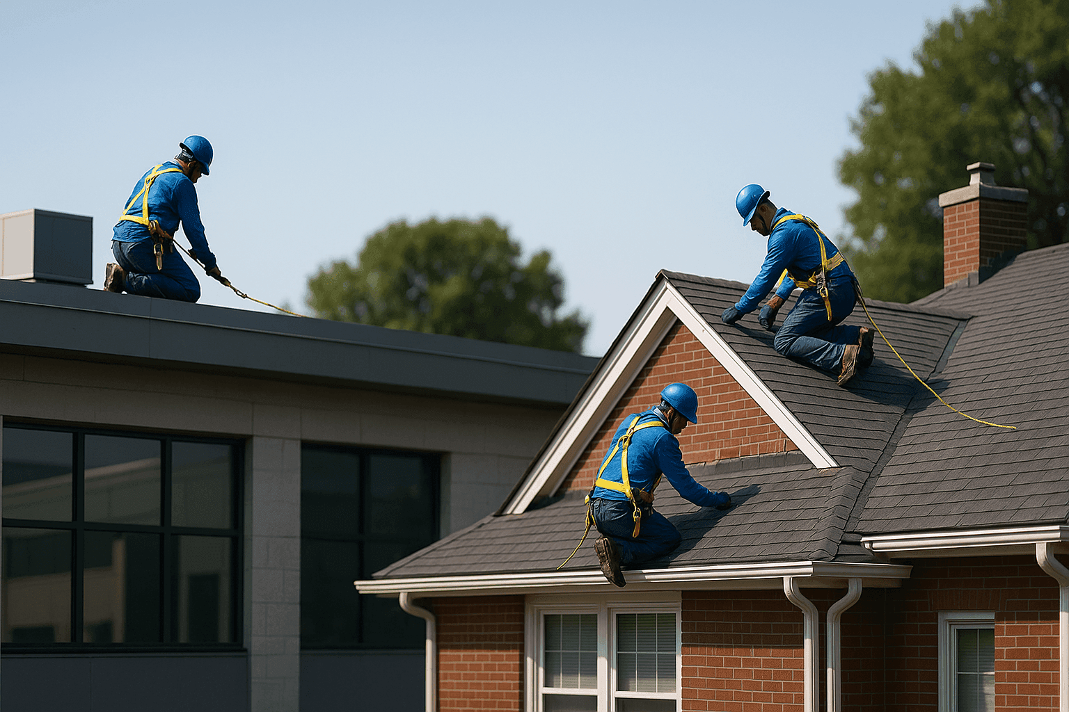 Comparative view of flat and pitched roofs on two buildings