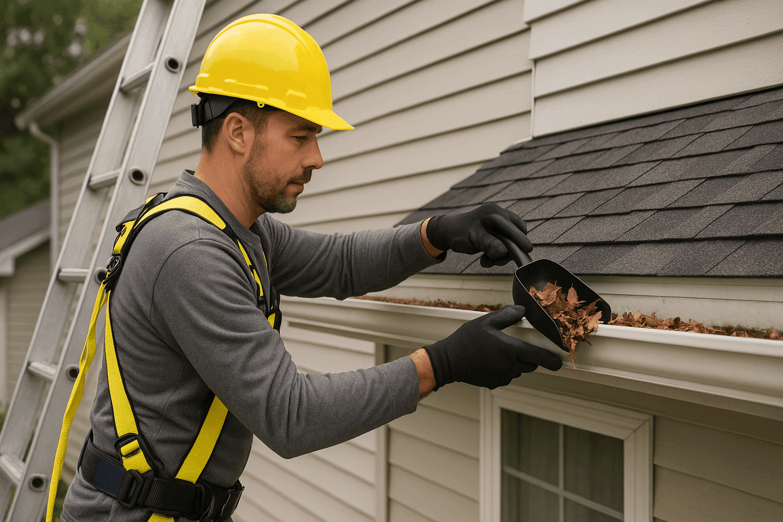Professional cleaning gutters on home using safety harness
