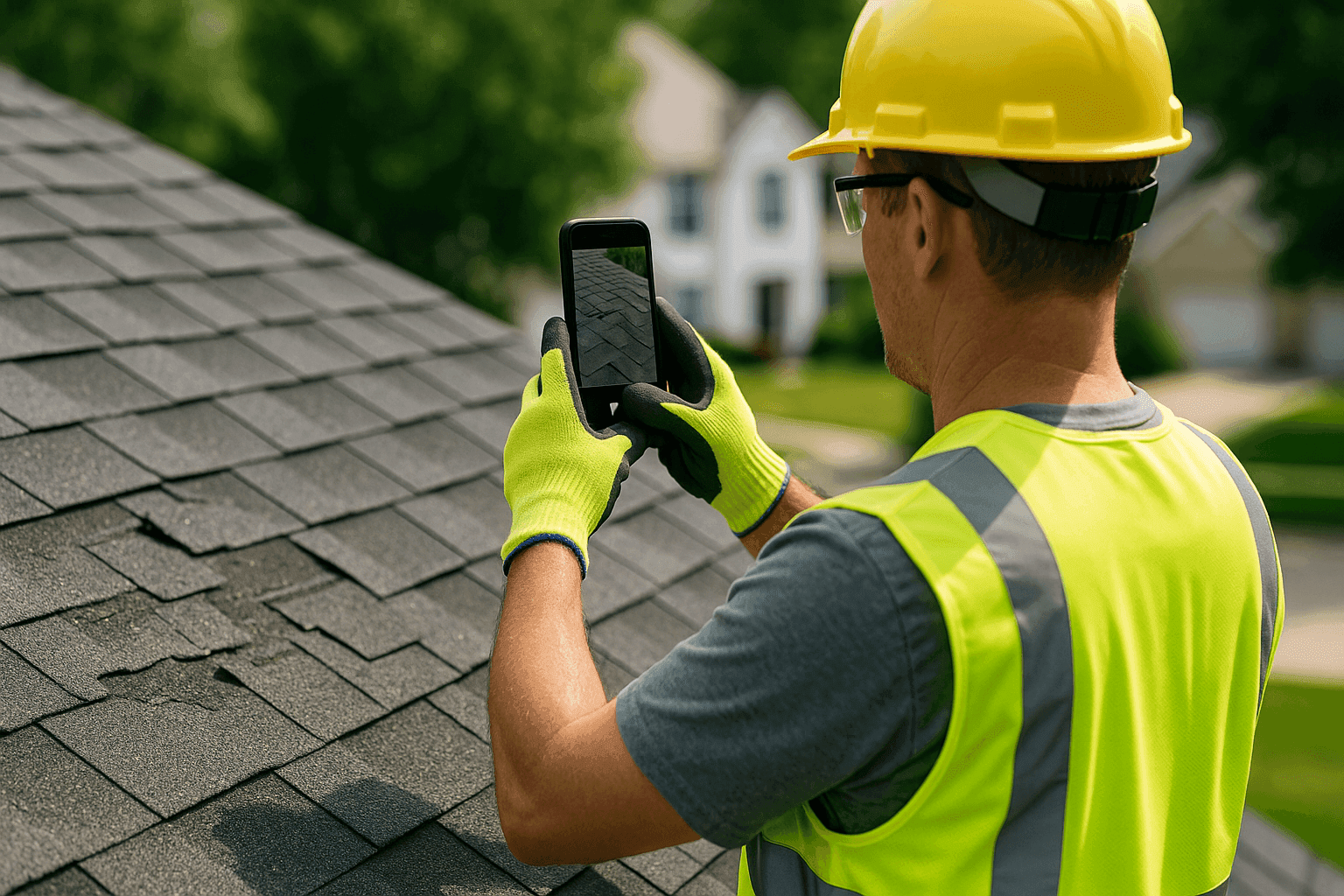 Homeowner photographing storm-damaged roof for insurance claim
