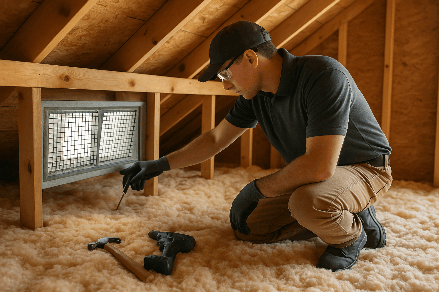 Roofer inspecting attic ventilation and insulation in a home