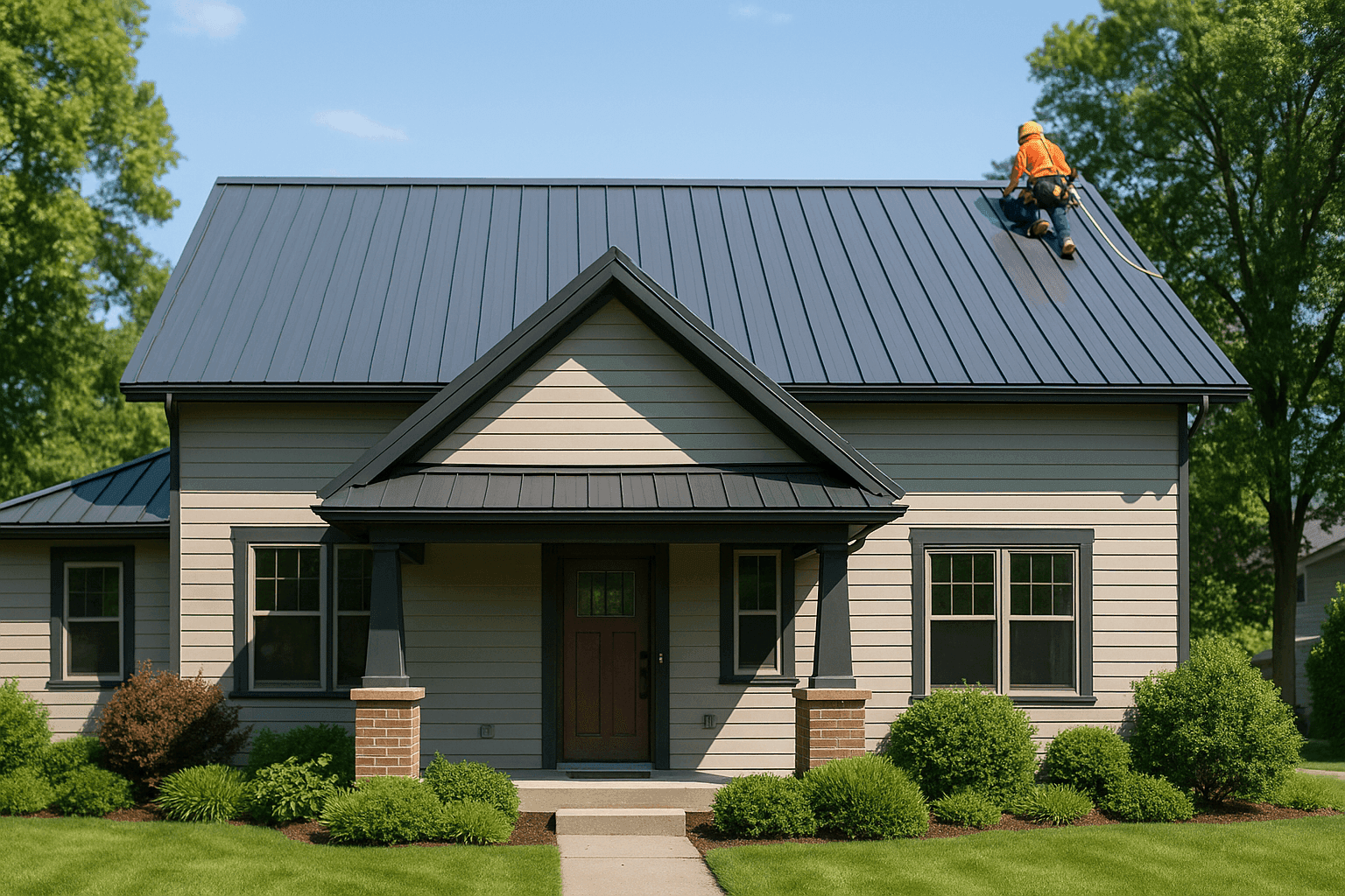 Modern metal roof on residential home under blue sky