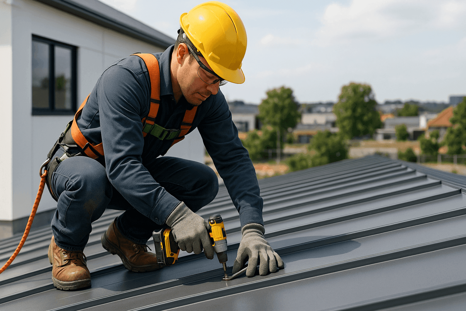 Installer fastening standing seam metal roof panels