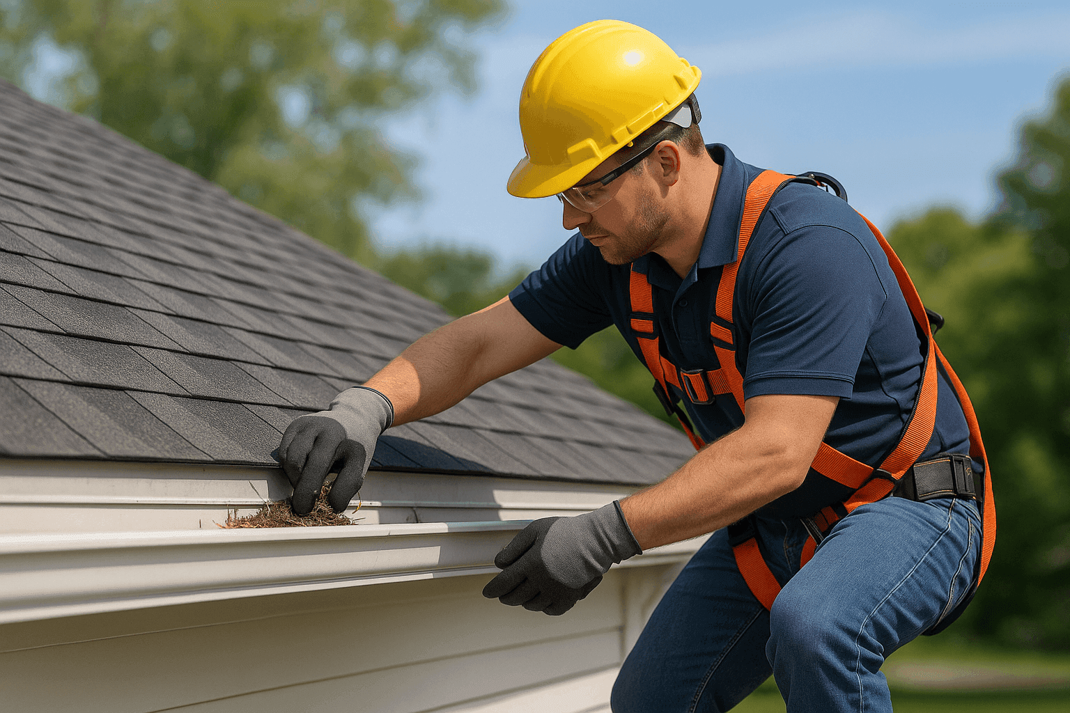 Roofer cleaning gutters and inspecting shingles on a home
