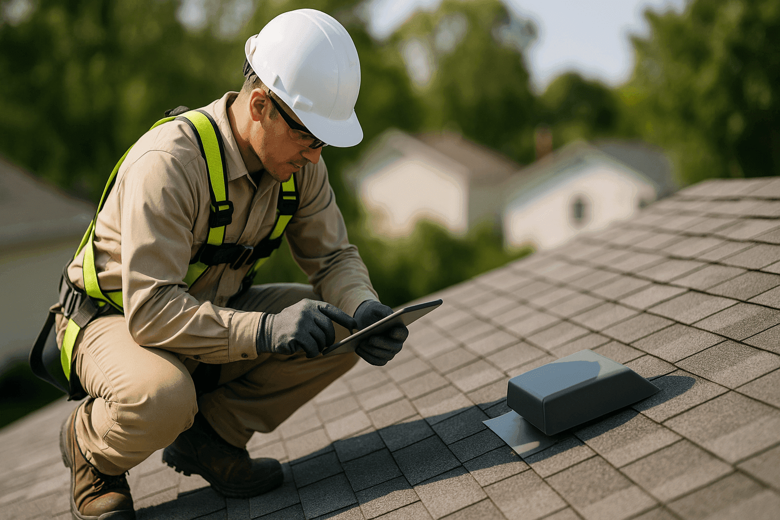 Technician conducting thorough roof inspection with tablet
