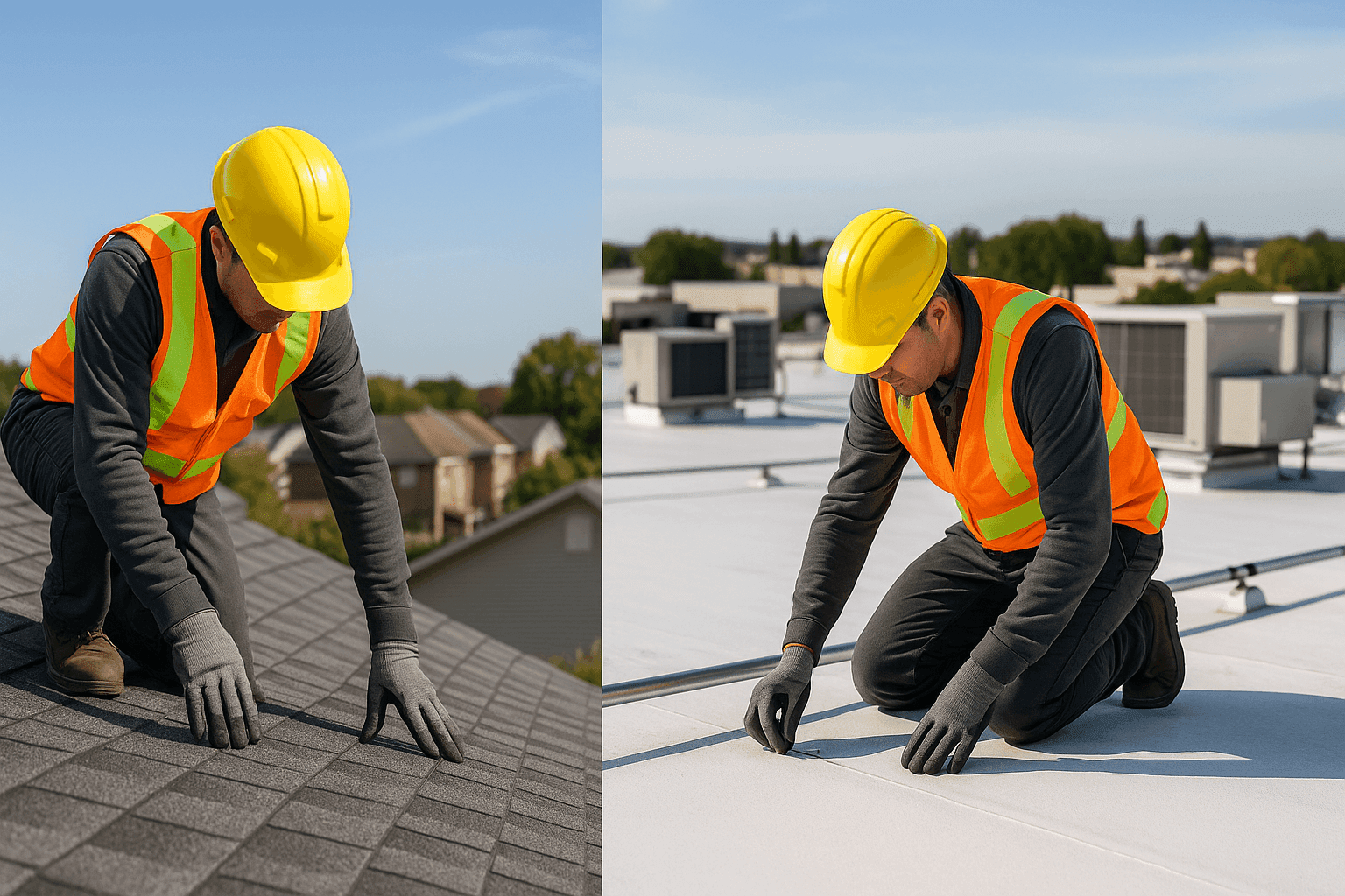 Side-by-side photo of residential pitched roof and commercial flat roof