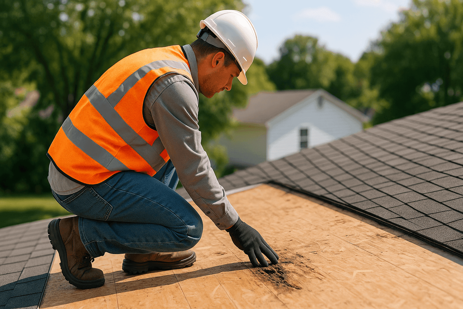 Technician inspecting exposed roof decking for rot