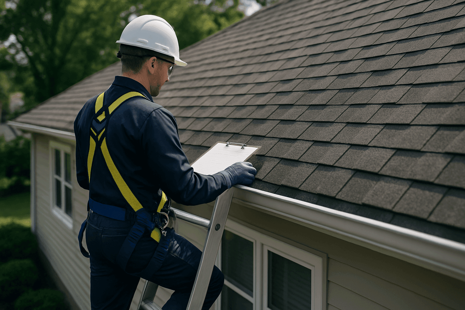 Homeowner with clipboard inspecting shingles on roof