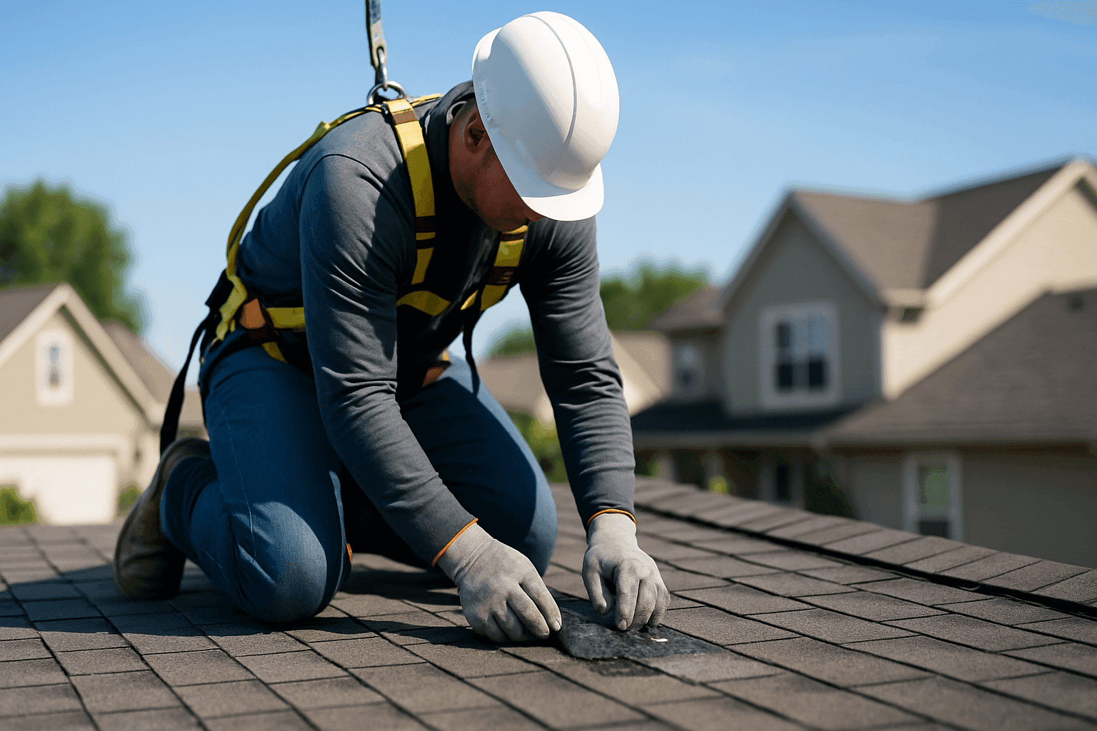 Technician fixing small roof leak with repair patch