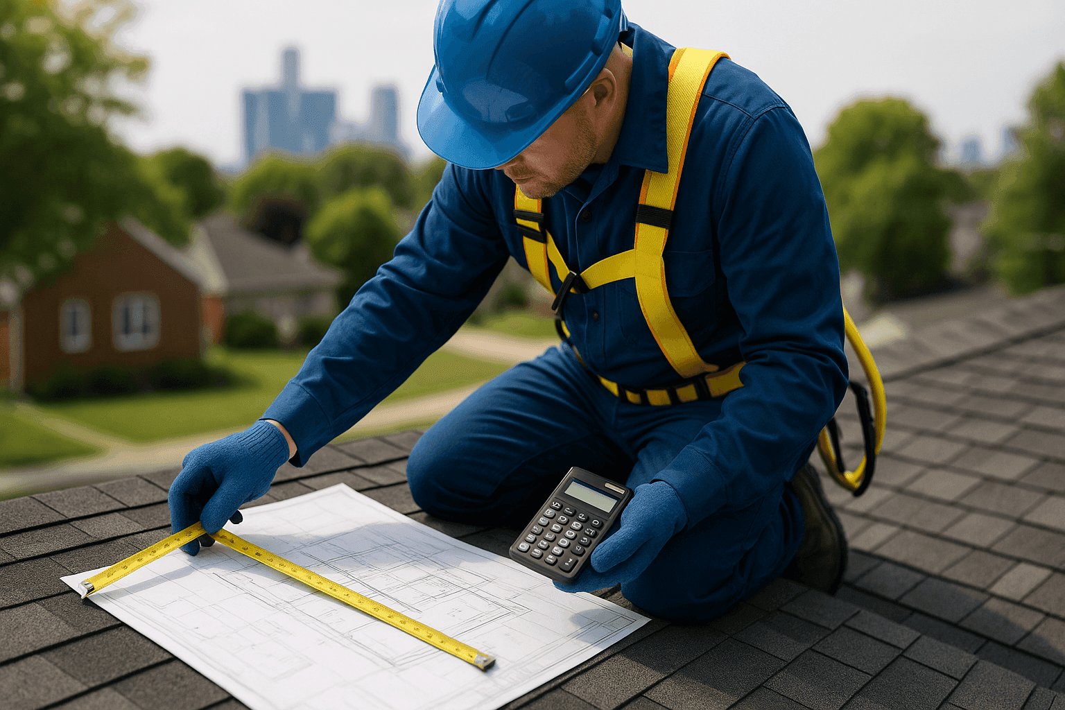 Roofer measuring roof with tape and blueprints, estimating costs
