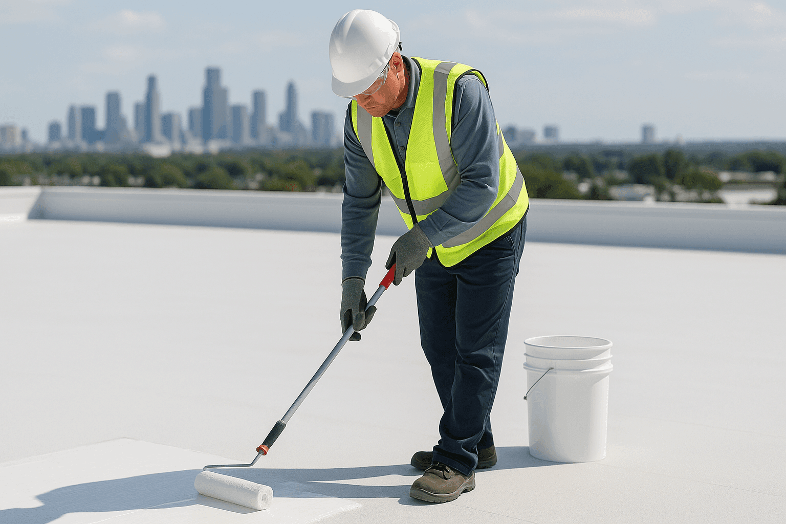 Technician applying liquid roof coating to commercial roof