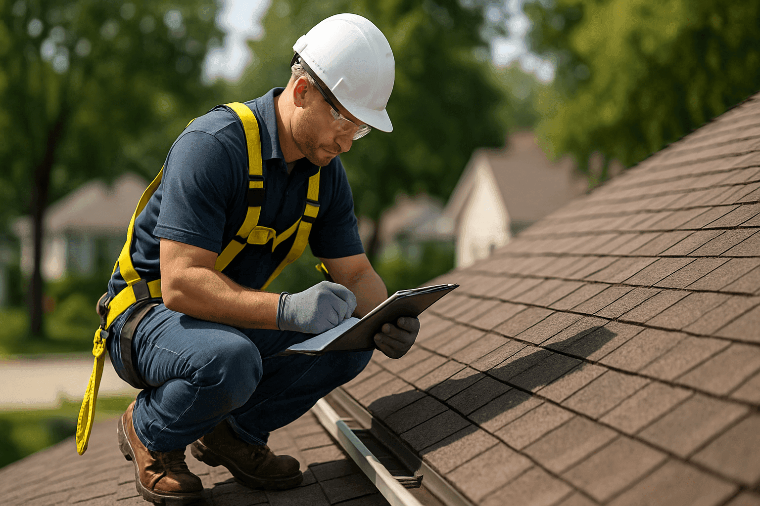 Technician performing seasonal roof inspection with checklist