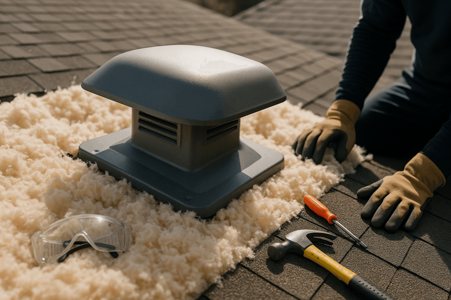 Close-up of attic roof vent and insulation materials under daylight