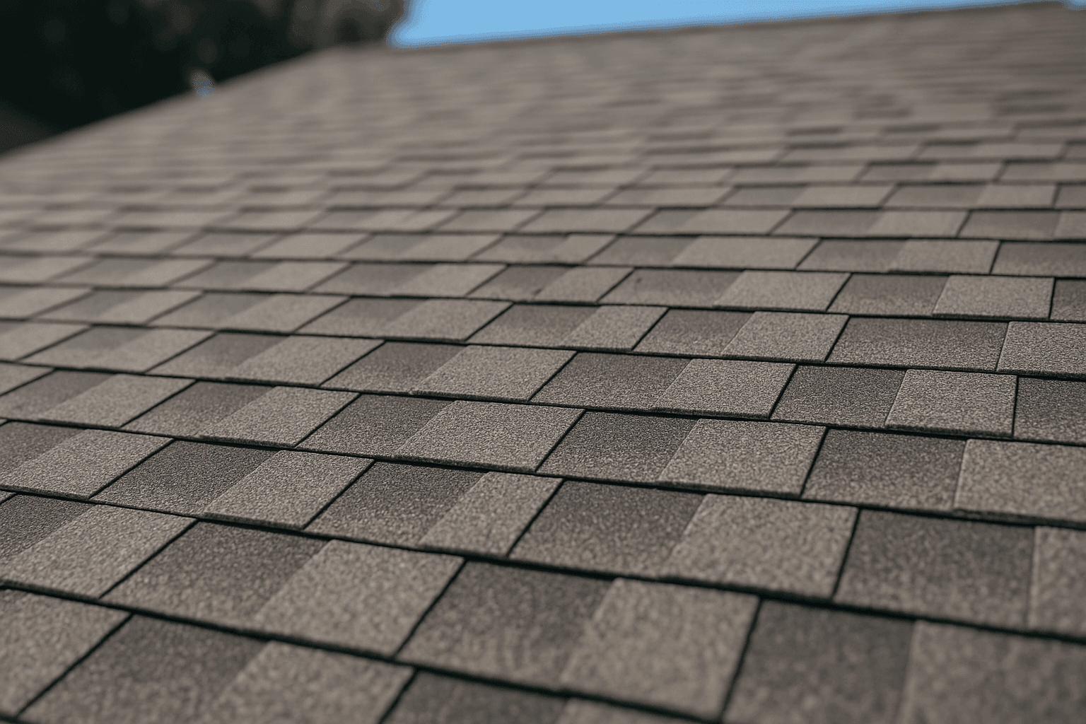 Closeup of new asphalt shingles on residential roof