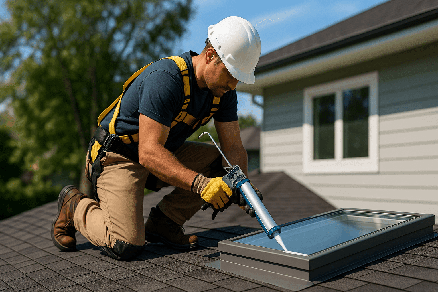 Technician sealing new skylight on residential roof
