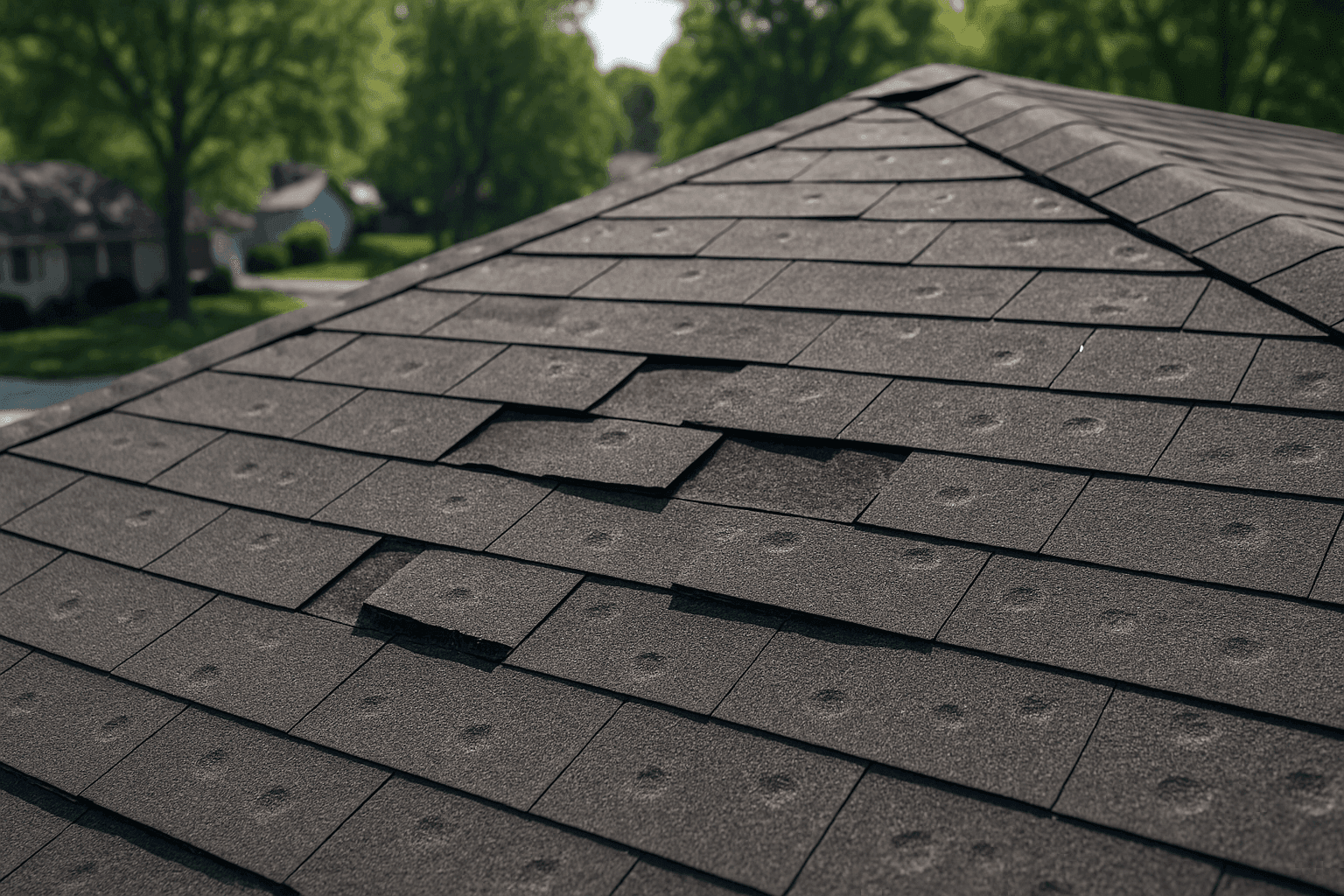 Closeup of missing shingles and hail dents on roof after storm