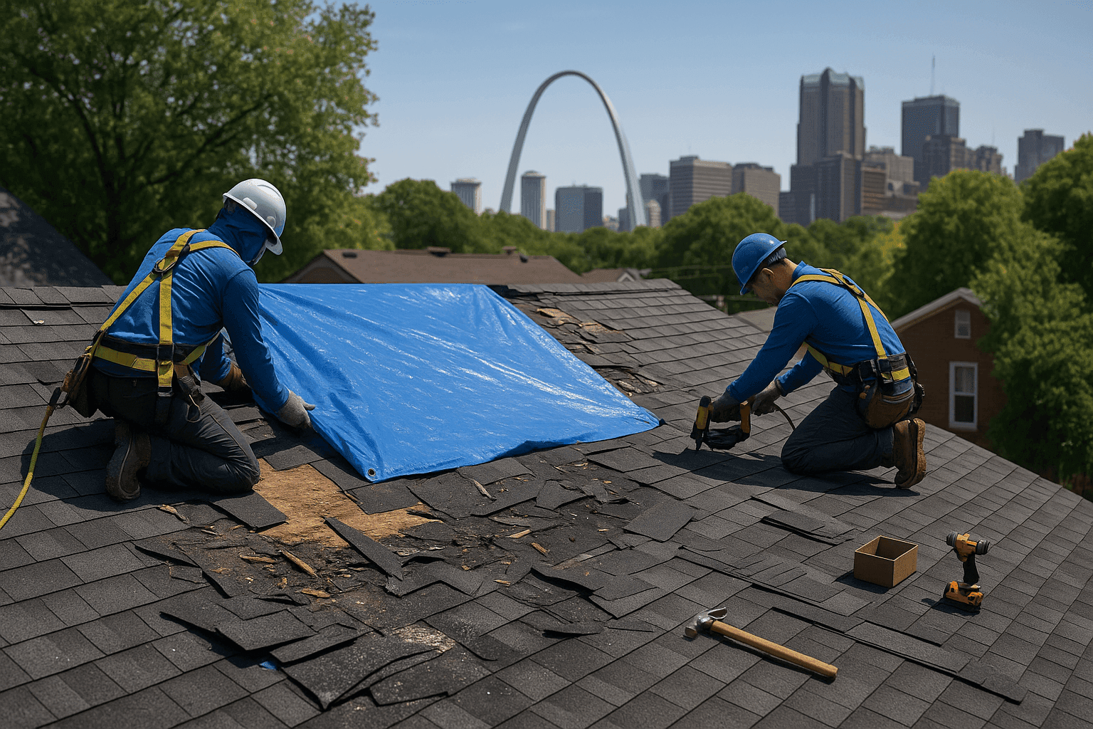 Roofers repairing storm-damaged roof with tarps and new shingles