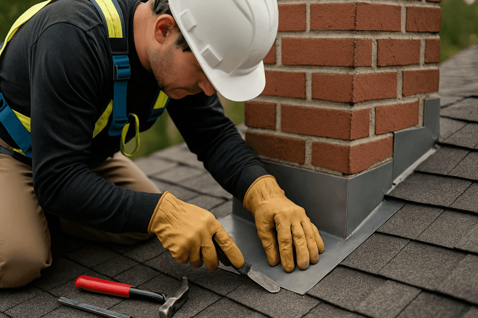 Closeup of technician repairing roof flashing near chimney